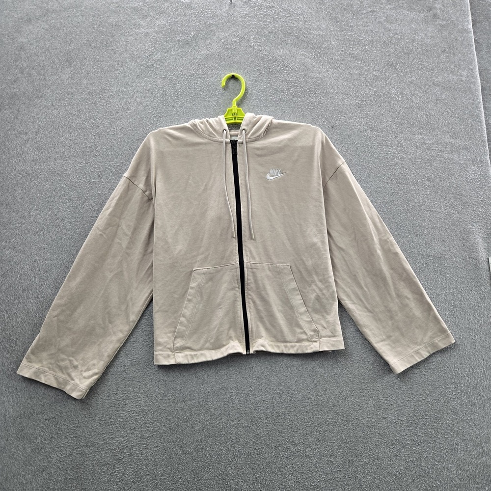 Nike Men Hoodie M Beige Logo Embroidered Oversized Zipper